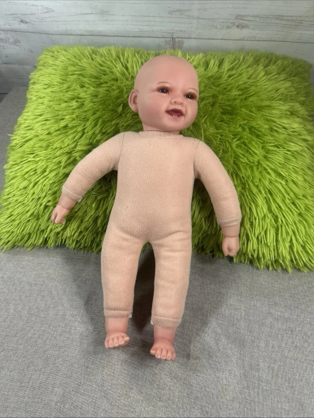 17” Baby Doll Open Brown Glass Eyes Cloth Body Realistic Nails Bunny Jump suit